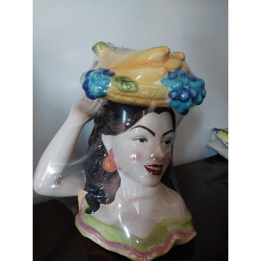 Rare Carmen Miranda Tropical Lady Ceramic Cookie Jar Fruit Hat Original Unopened